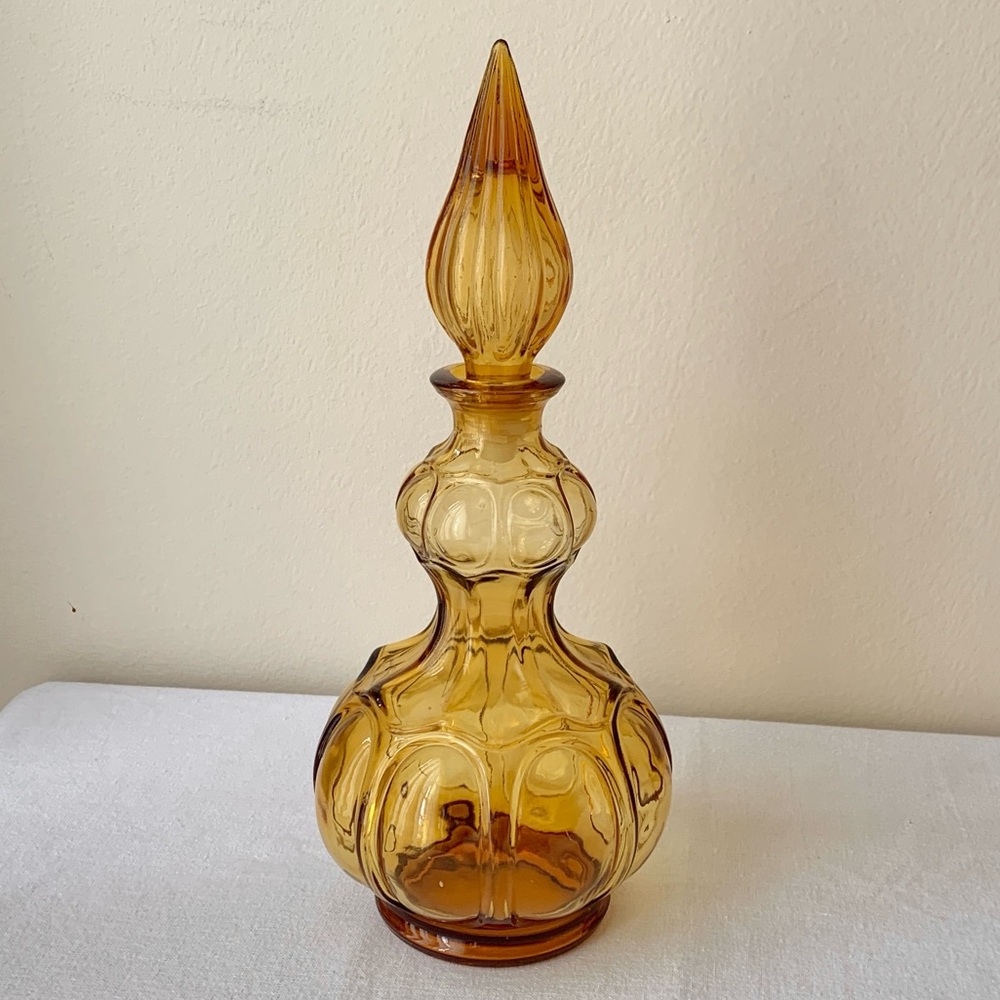 Vintage Empoli Italian Amber Glass Corset Genie Bottle Cruet with Flame Stopper
